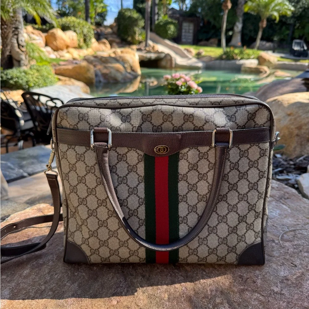 Vintage GUCCI web monogram laptop / tote / briefcase travel crossbody bag purse